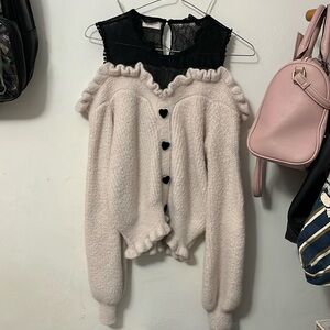 LIZ LISA Light Pink Black Thick Ruffled Knit Lace Heart Button Sweater *FLAWED*